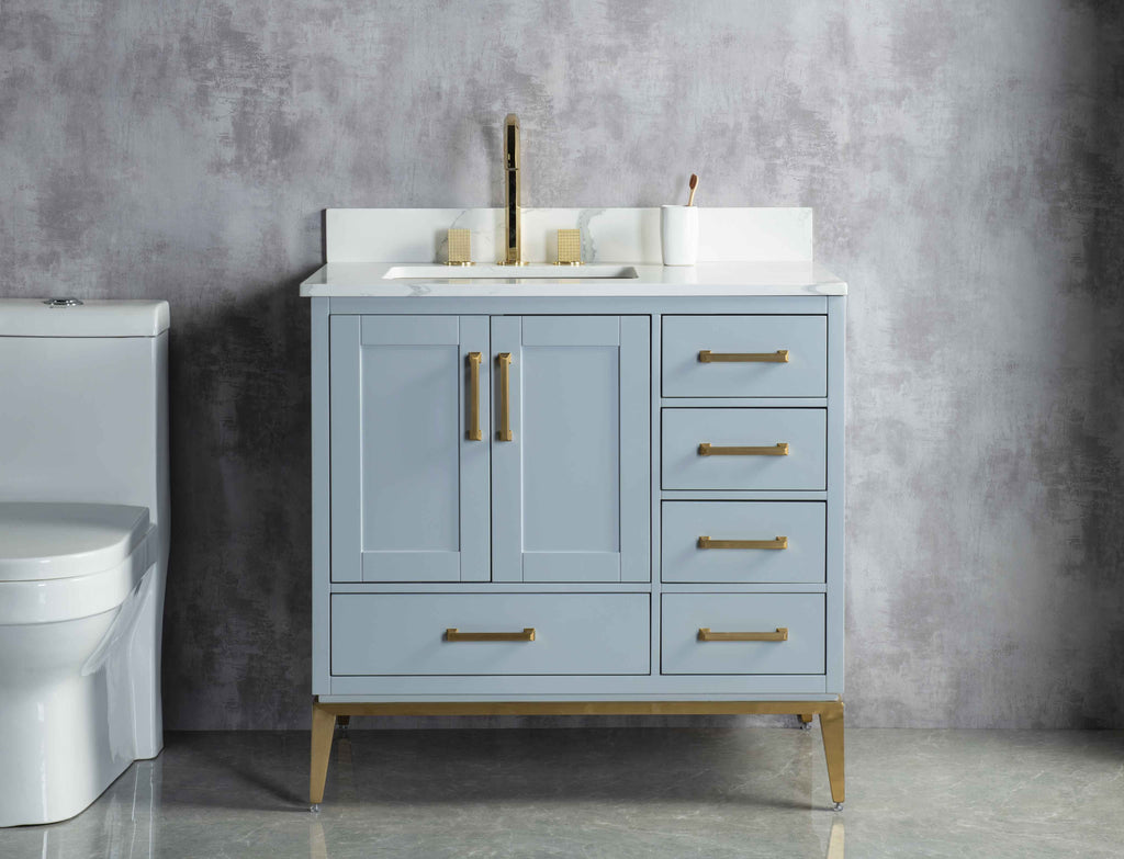 Rubeza 900mm Anatolia Vanity Unit with Calacatta Quartz Top - Light Grey & Gold