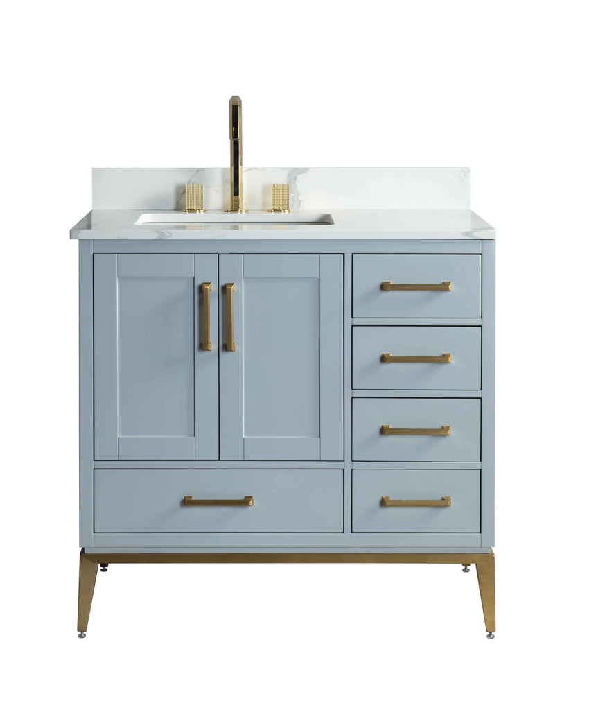 Rubeza 900mm Anatolia Vanity Unit with Calacatta Quartz Top - Light Grey & Gold