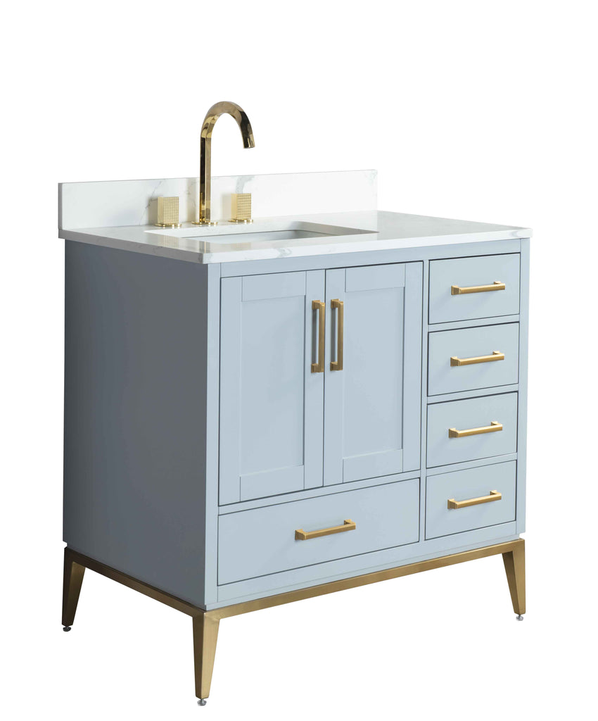 Rubeza 900mm Anatolia Vanity Unit with Calacatta Quartz Top - Light Grey & Gold