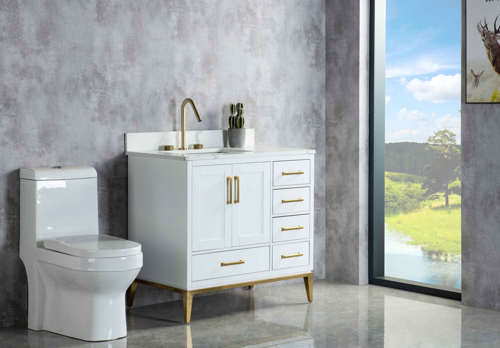 Rubeza 900mm Anatolia Vanity Unit with Calacatta Quartz Top - White & Gold