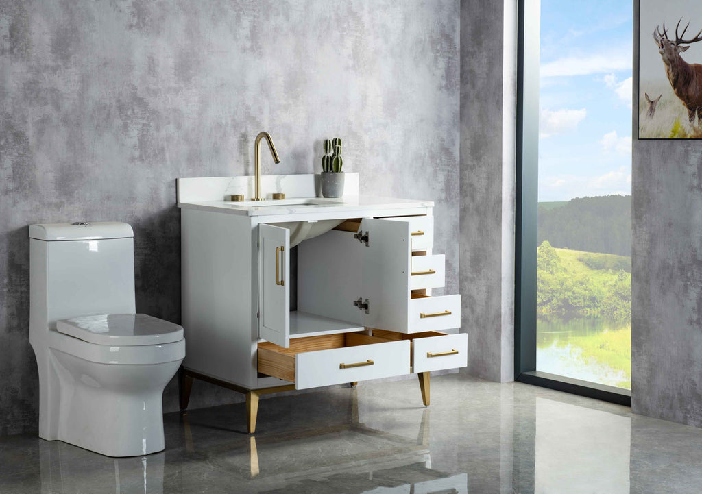 Rubeza 900mm Anatolia Vanity Unit with Calacatta Quartz Top - White & Gold
