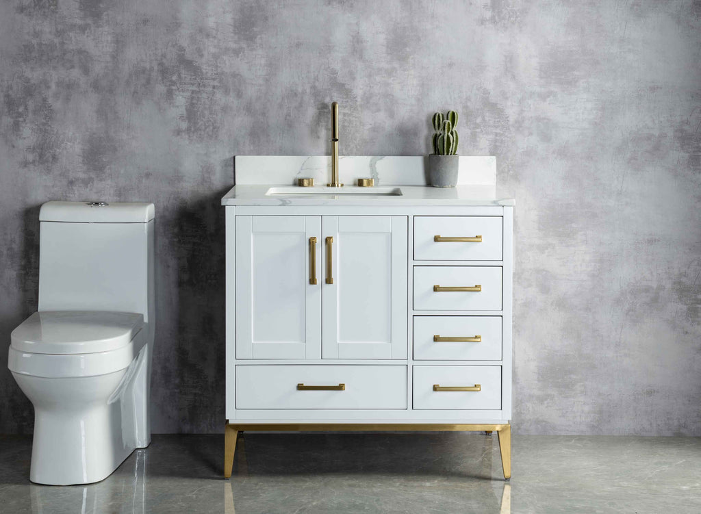 Rubeza 900mm Anatolia Vanity Unit with Calacatta Quartz Top - White & Gold