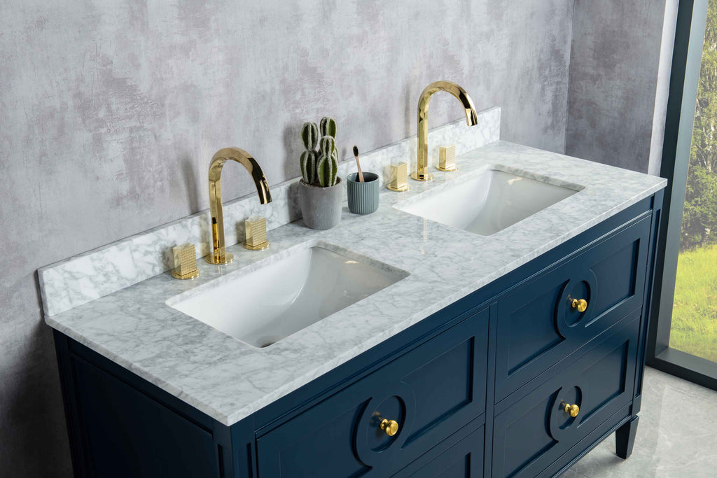 Rubeza 1500mm Layla Vanity Unit with Carrara Marble Top - Dark Blue & Gold