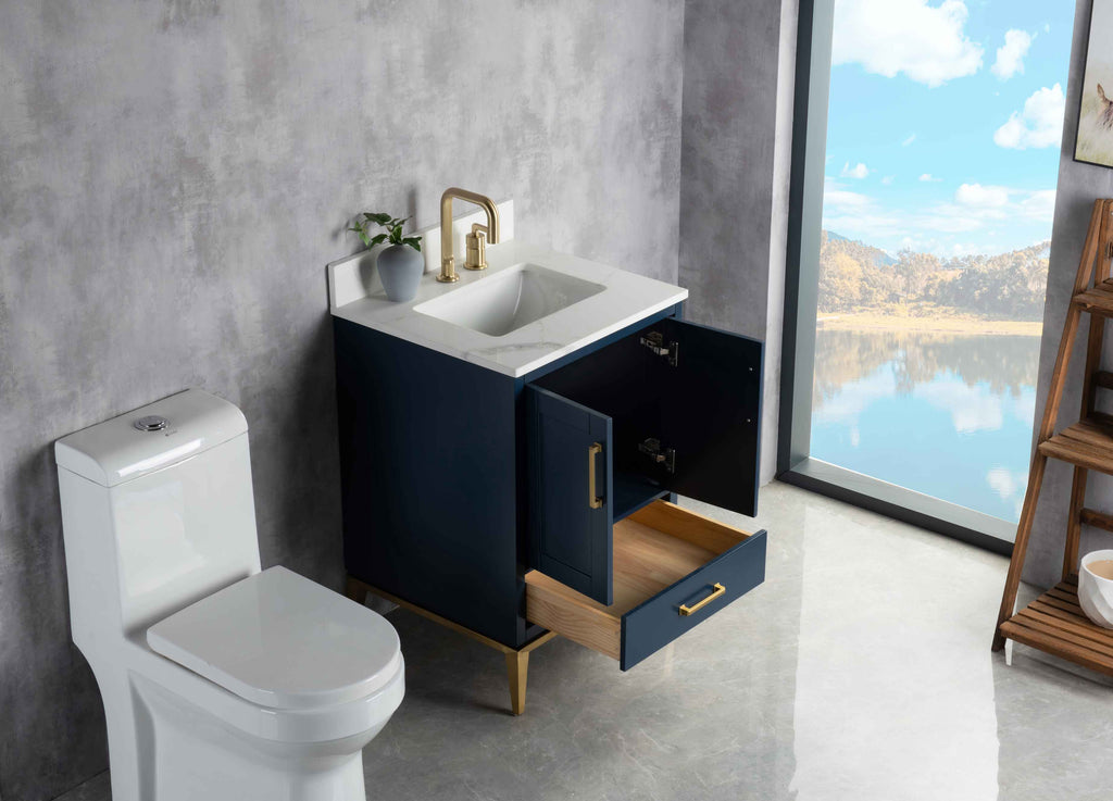 Rubeza 750mm Anatolia Vanity Unit with Calacatta Quartz Top - Dark Blue & Gold