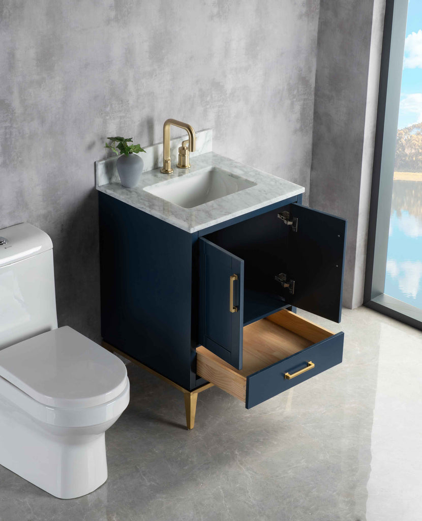 Rubeza 750mm Anatolia Vanity Unit with Carrara Marble Top - Dark Blue & Gold