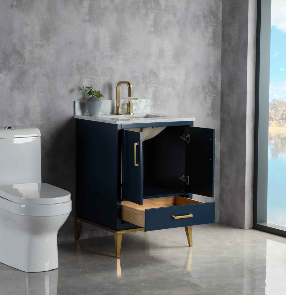 Rubeza 750mm Anatolia Vanity Unit with Carrara Marble Top - Dark Blue & Gold