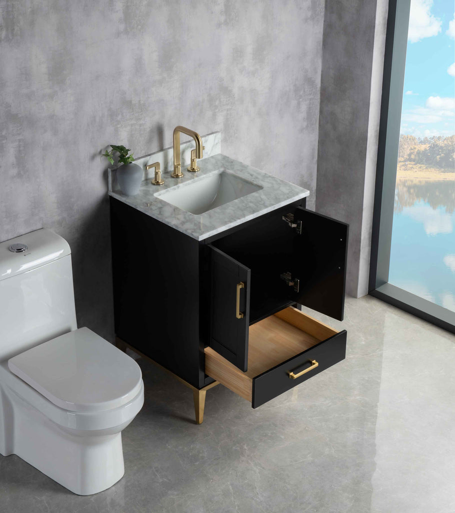 Rubeza 600mm Anatolia Vanity Unit with Carrara Marble Top - Black & Gold