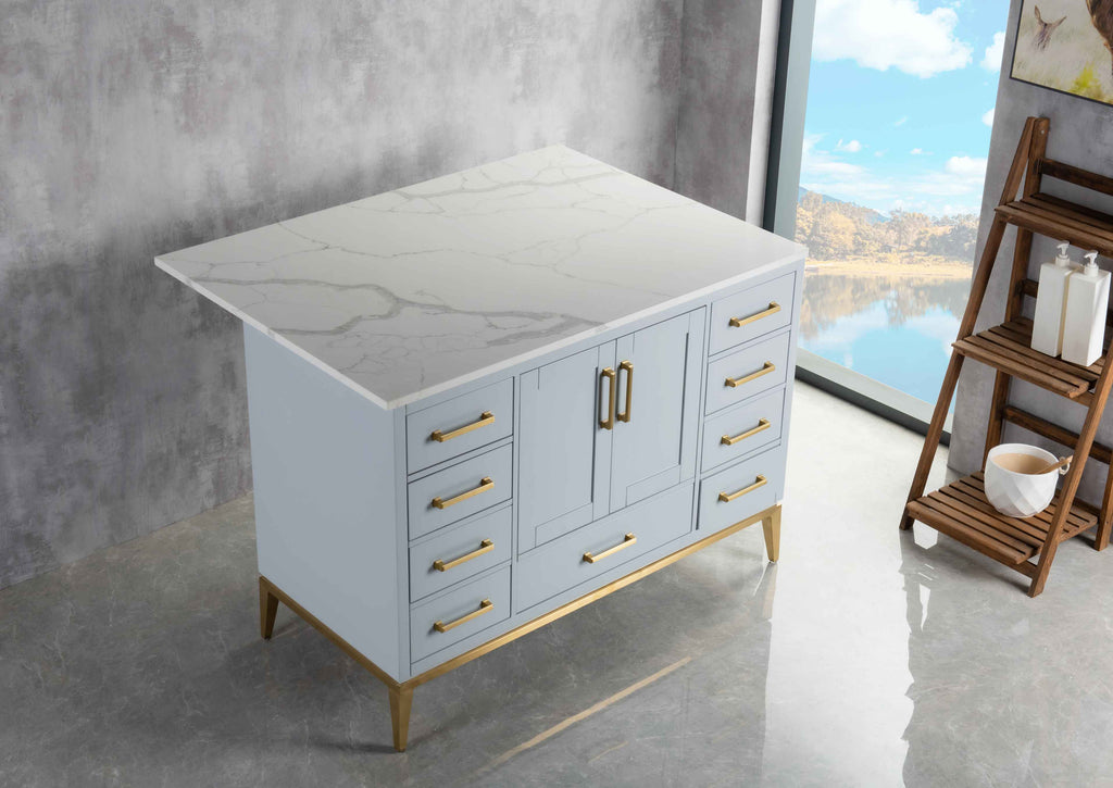 Rubeza Anatolia 1200mm Kitchen Island with Calacatta Quartz Top - Light Grey & Gold