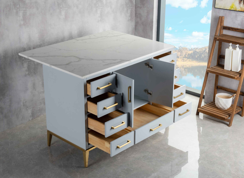 Rubeza Anatolia 1200mm Kitchen Island with Calacatta Quartz Top - Light Grey & Gold