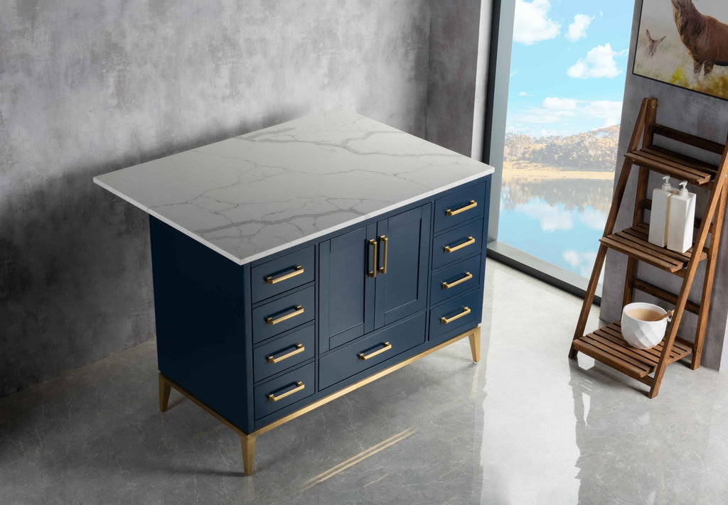 Rubeza Anatolia 1200mm Kitchen Island with Calacatta Quartz Top -  Dark Blue & Gold