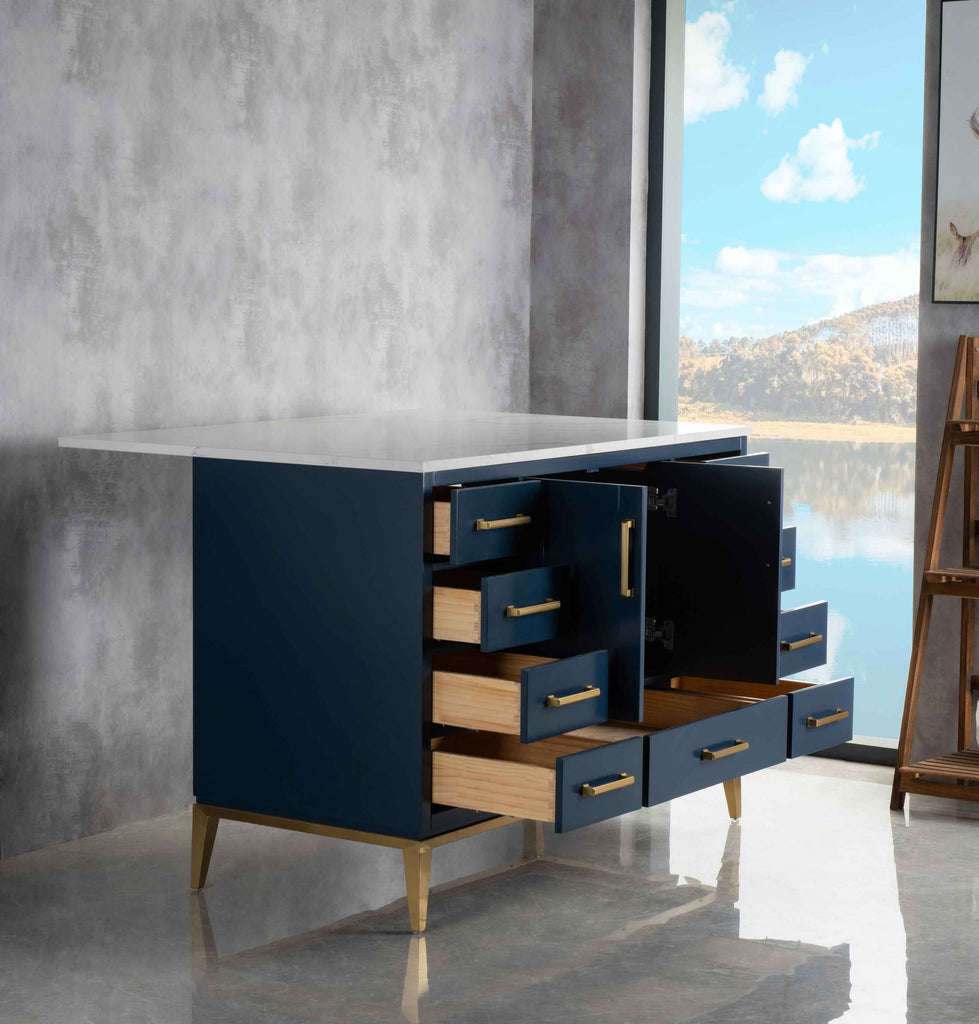 Rubeza Anatolia 1200mm Kitchen Island with Calacatta Quartz Top -  Dark Blue & Gold