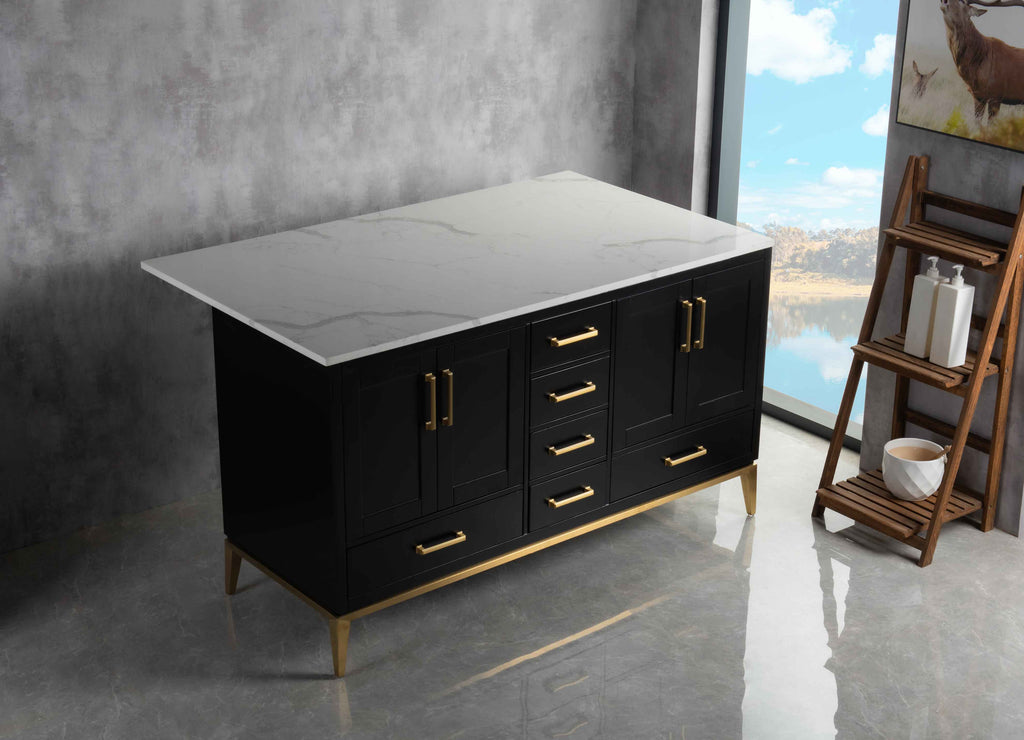 Rubeza 1500mm Anatolia Kitchen Island with Calacatta Quartz Top - Black & Gold