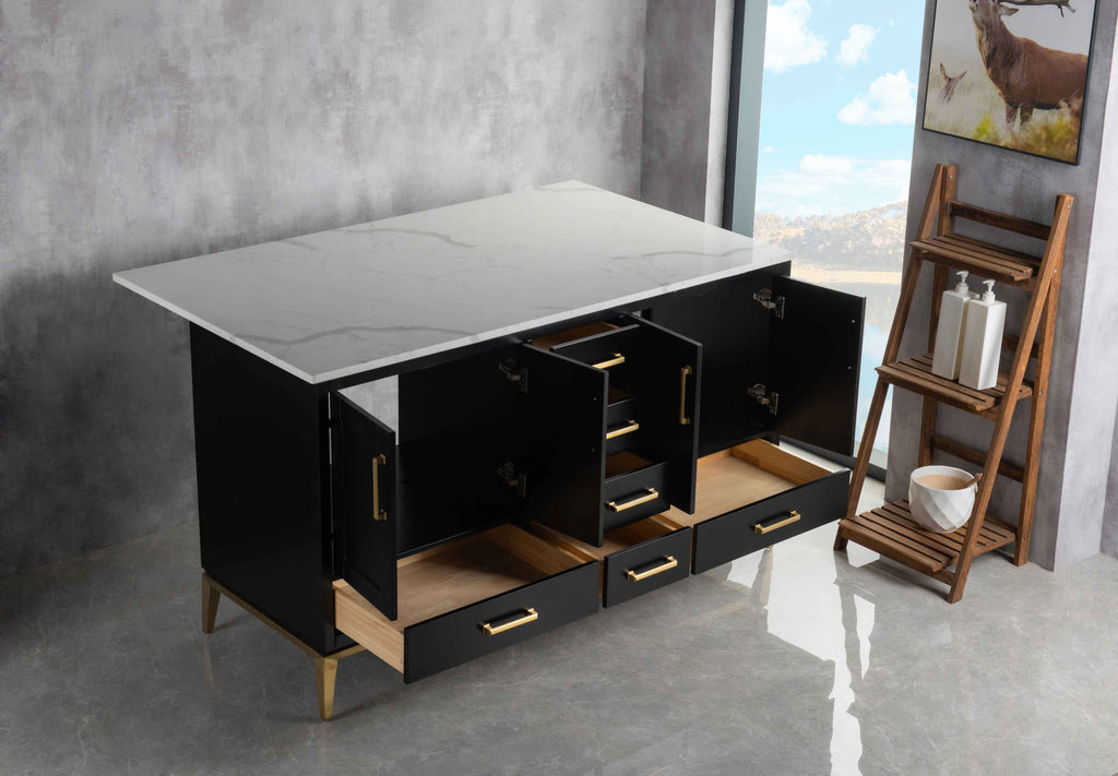 Rubeza 1500mm Anatolia Kitchen Island with Calacatta Quartz Top - Black & Gold