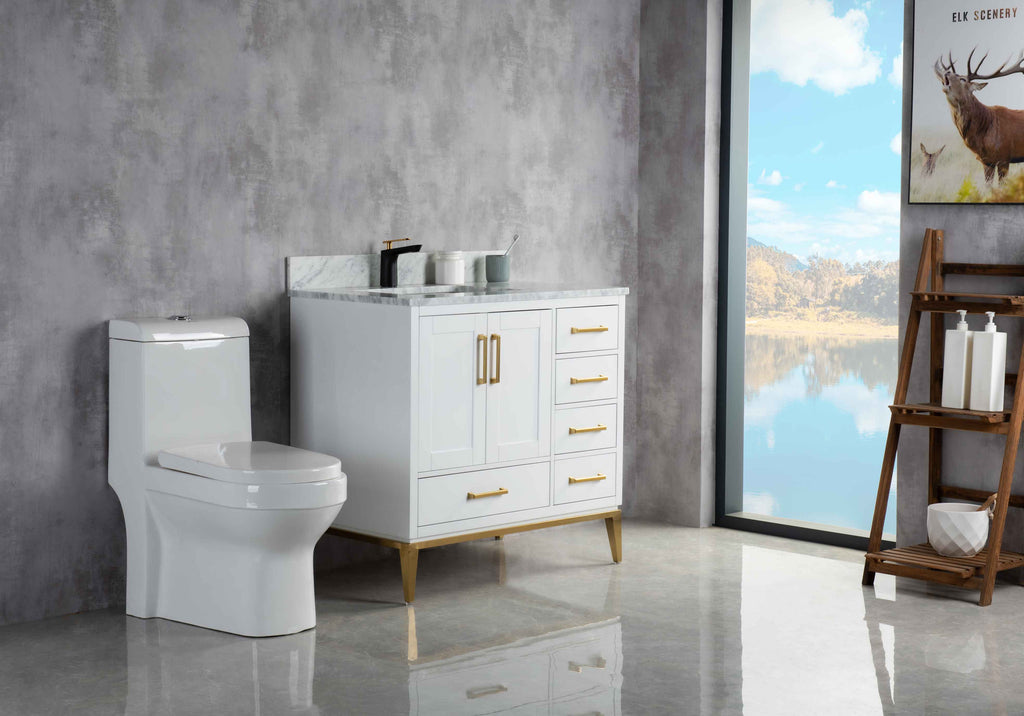 Rubeza 900mm Anatolia Vanity Unit with Carrara Marble Top - White & Gold