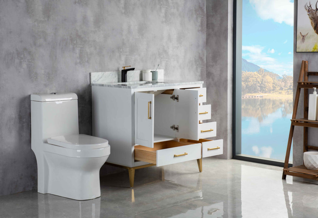 Rubeza 900mm Anatolia Vanity Unit with Carrara Marble Top - White & Gold