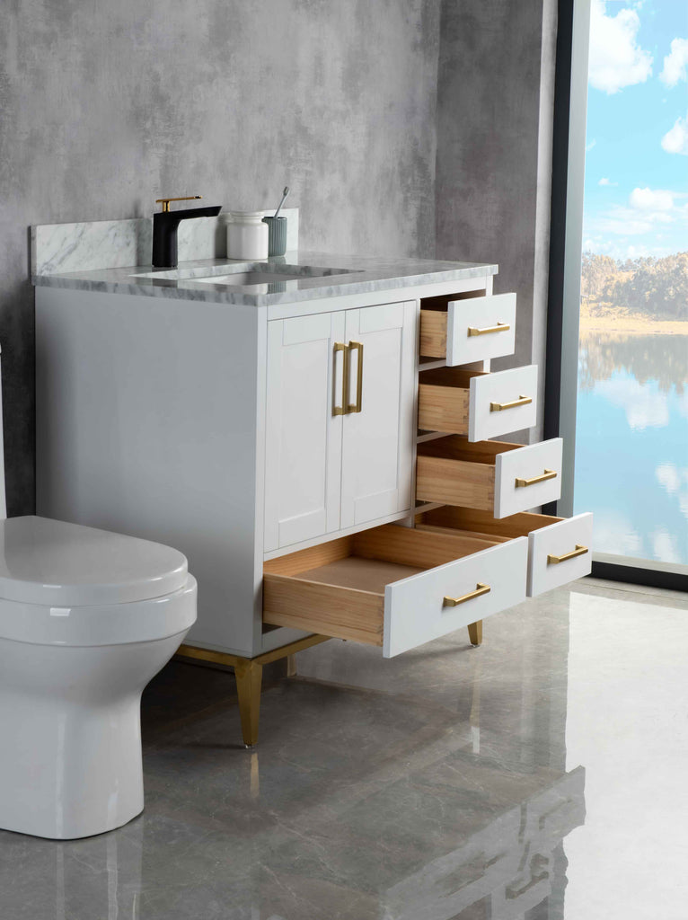 Rubeza 900mm Anatolia Vanity Unit with Carrara Marble Top - White & Gold