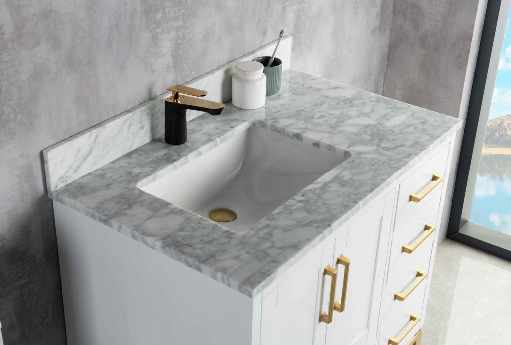 Rubeza 900mm Anatolia Vanity Unit with Carrara Marble Top - White & Gold