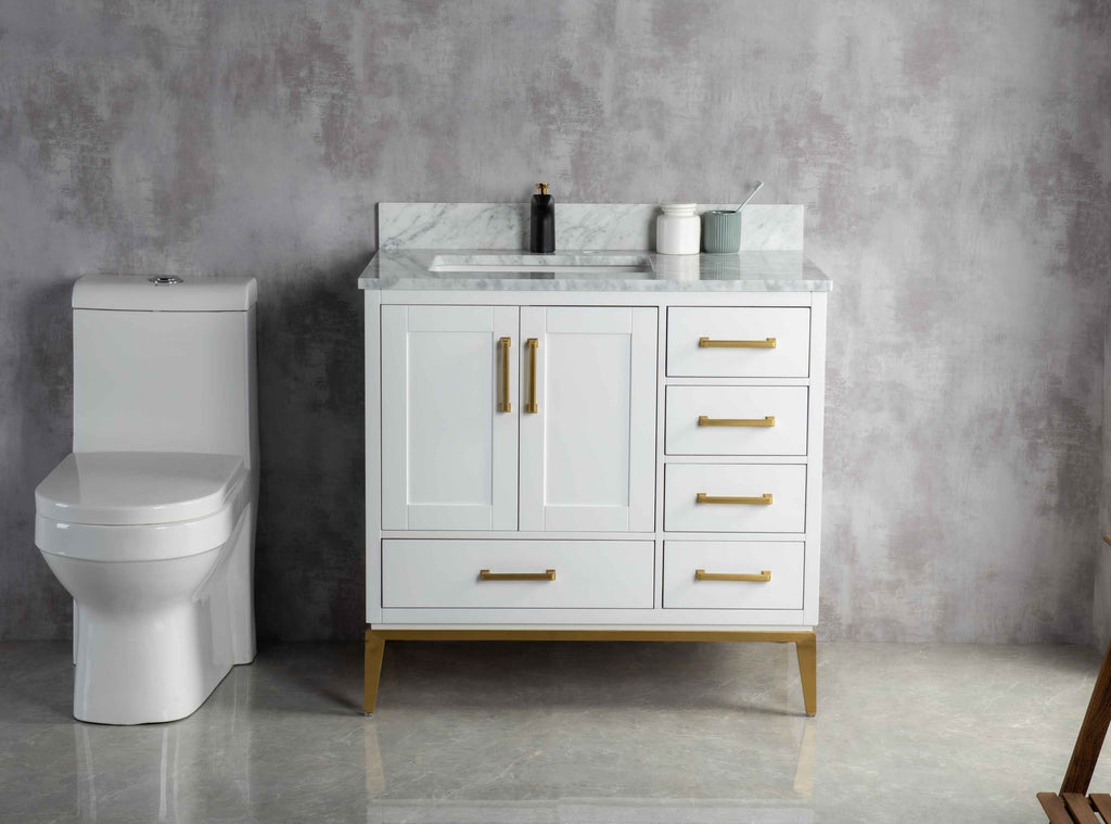 Rubeza 900mm Anatolia Vanity Unit with Carrara Marble Top - White & Gold