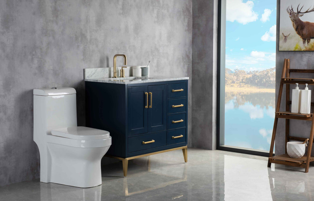 Rubeza 900mm Anatolia Vanity Unit with Carrara Marble Top - Dark Blue & Gold