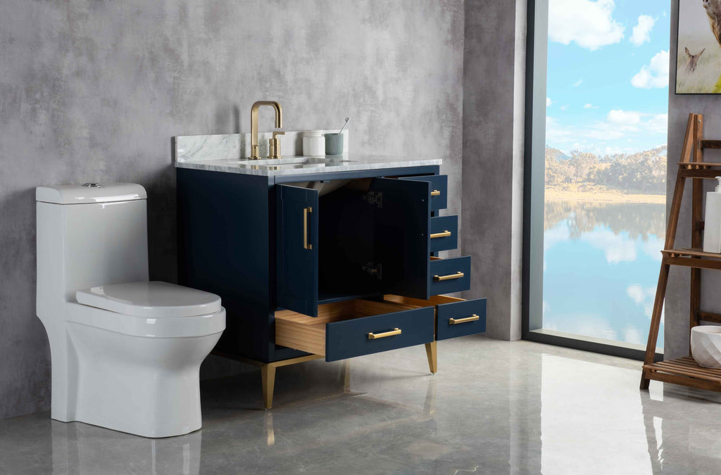 Rubeza 900mm Anatolia Vanity Unit with Carrara Marble Top - Dark Blue & Gold