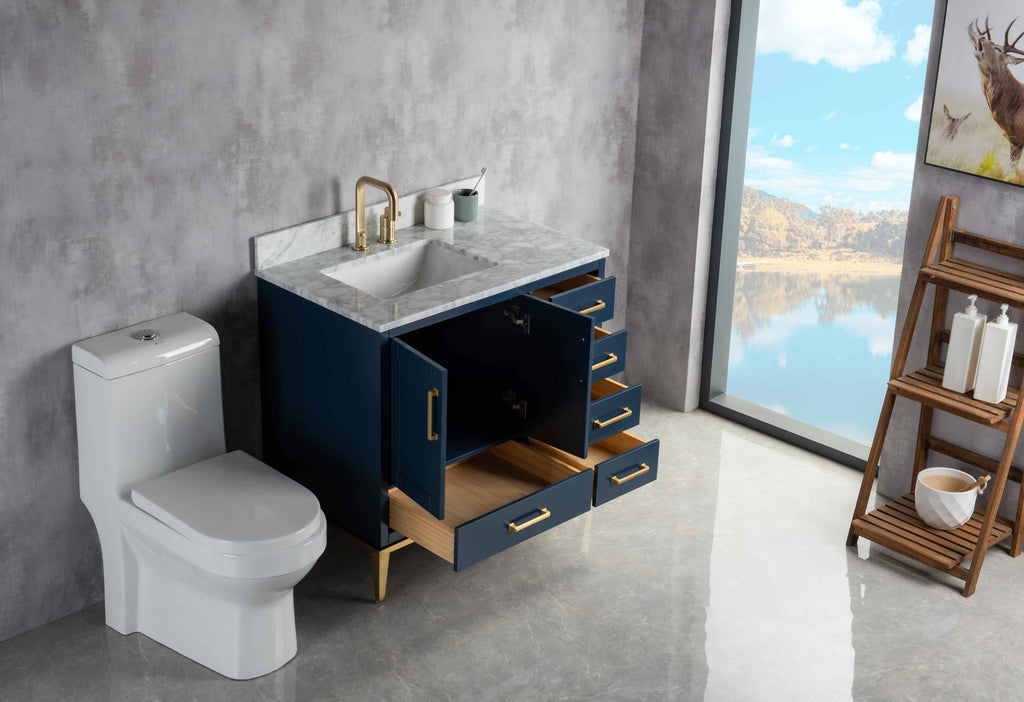 Rubeza 900mm Anatolia Vanity Unit with Carrara Marble Top - Dark Blue & Gold