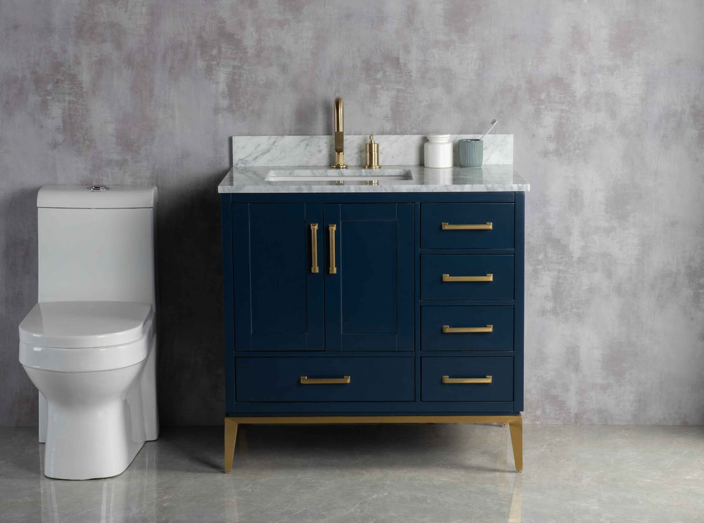 Rubeza 900mm Anatolia Vanity Unit with Carrara Marble Top - Dark Blue & Gold