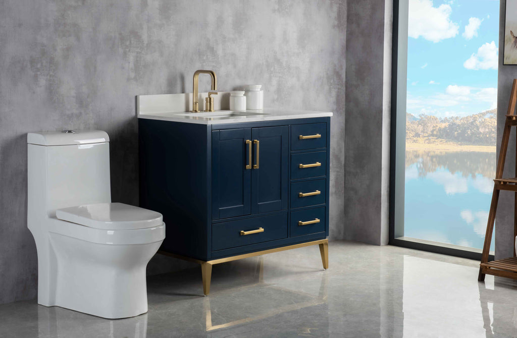 Rubeza 900mm Anatolia Vanity Unit with Calacatta Quartz Top - Dark Blue & Gold