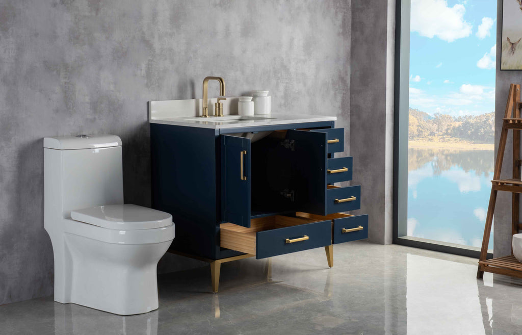 Rubeza 900mm Anatolia Vanity Unit with Calacatta Quartz Top - Dark Blue & Gold