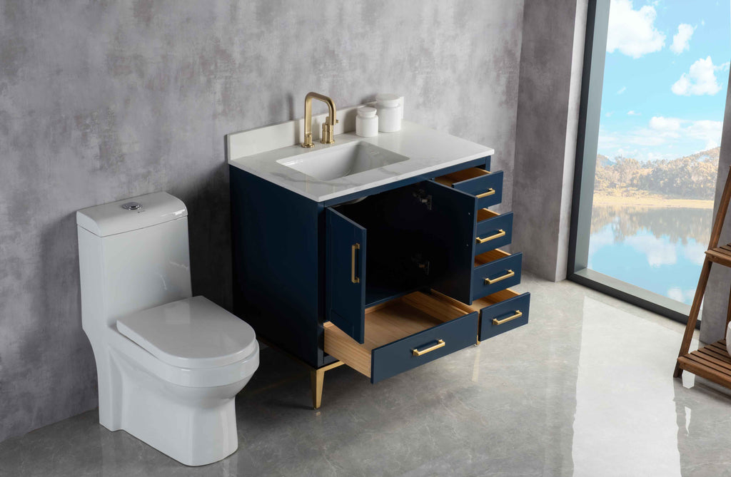 Rubeza 900mm Anatolia Vanity Unit with Calacatta Quartz Top - Dark Blue & Gold