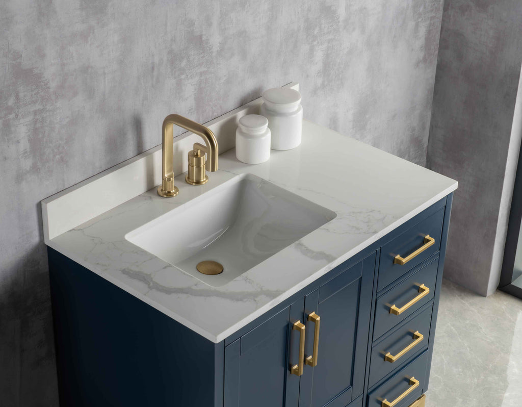 Rubeza 900mm Anatolia Vanity Unit with Calacatta Quartz Top - Dark Blue & Gold