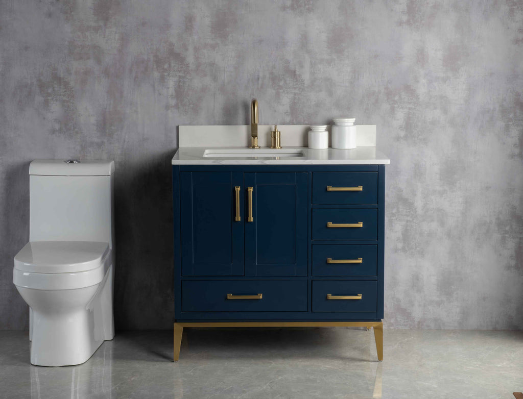 Rubeza 900mm Anatolia Vanity Unit with Calacatta Quartz Top - Dark Blue & Gold