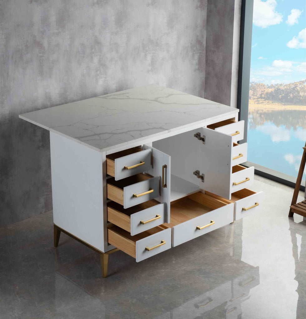 Rubeza 1200mm Anatolia Kitchen Island with Calacatta Quartz  Top - White & Gold