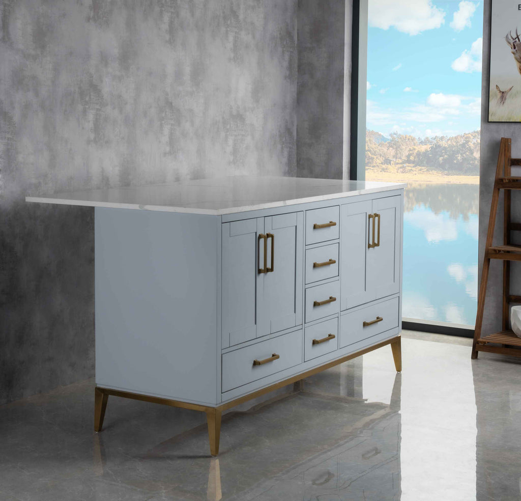 Rubeza 1500mm Anatolia Kitchen Island with Calacatta Quartz Top - Light Grey & Gold
