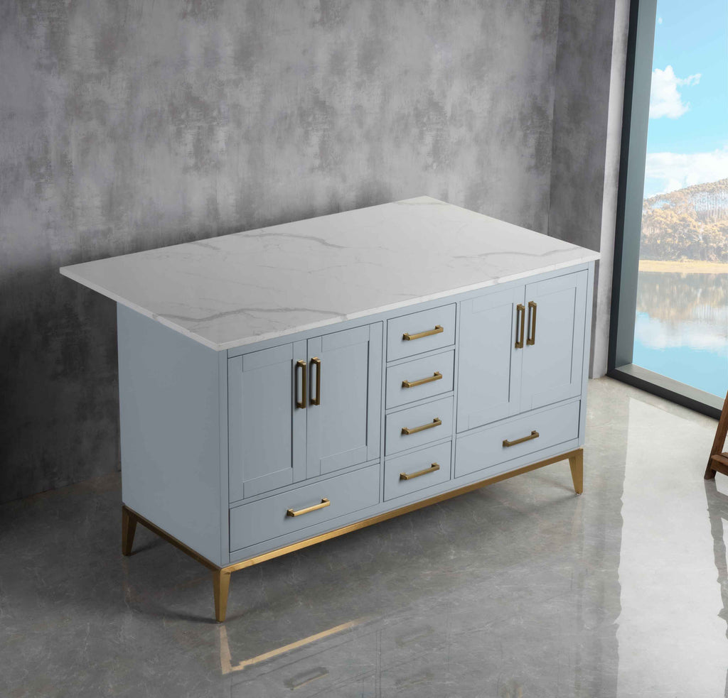 Rubeza 1500mm Anatolia Kitchen Island with Calacatta Quartz Top - Light Grey & Gold
