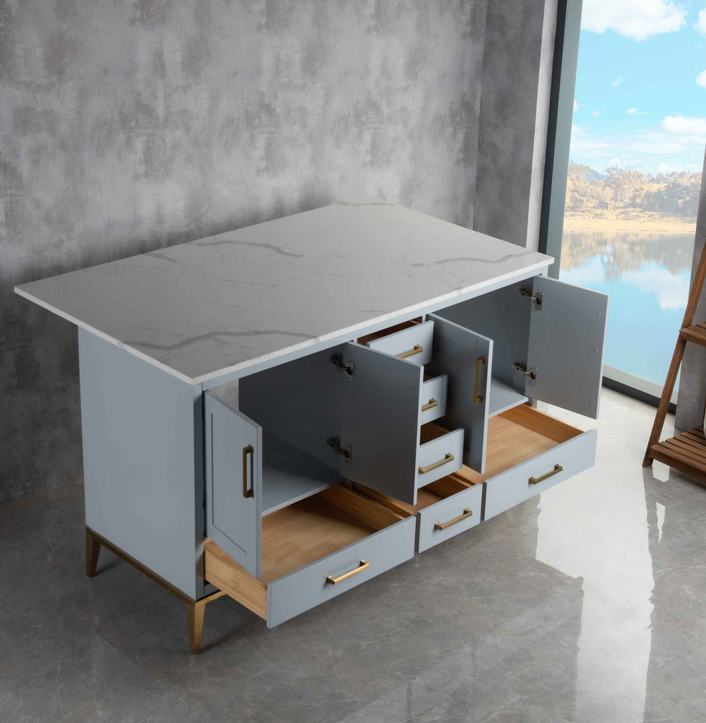 Rubeza 1500mm Anatolia Kitchen Island with Calacatta Quartz Top - Light Grey & Gold