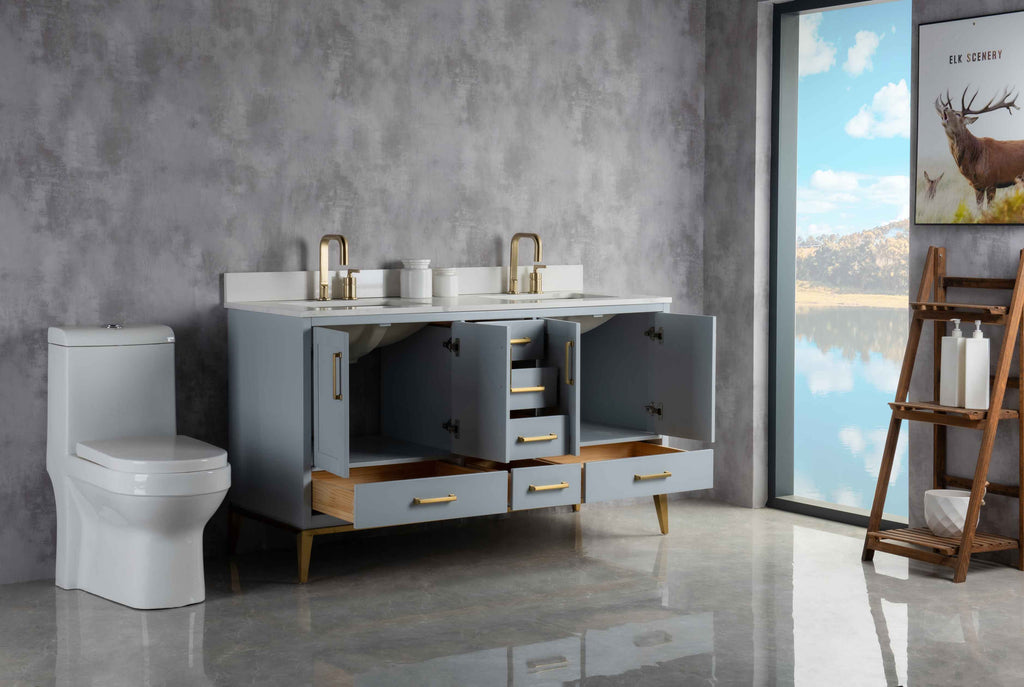 Rubeza 1500mm Anatolia Vanity Unit with Calacatta Quartz Top - Light Grey & Gold