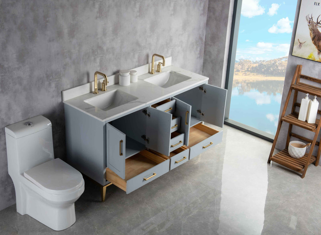 Rubeza 1500mm Anatolia Vanity Unit with Calacatta Quartz Top - Light Grey & Gold