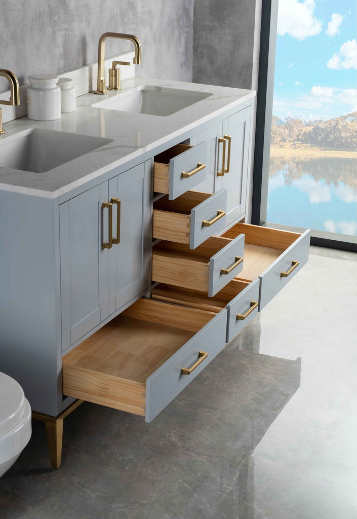 Rubeza 1500mm Anatolia Vanity Unit with Calacatta Quartz Top - Light Grey & Gold