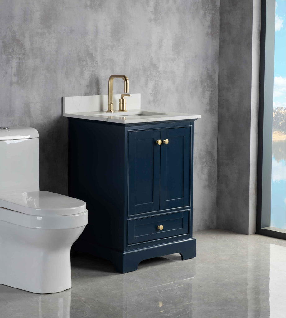 Rubeza 600mm Charleston Vanity Unit with Calacatta Quartz Top - Dark Blue & Gold