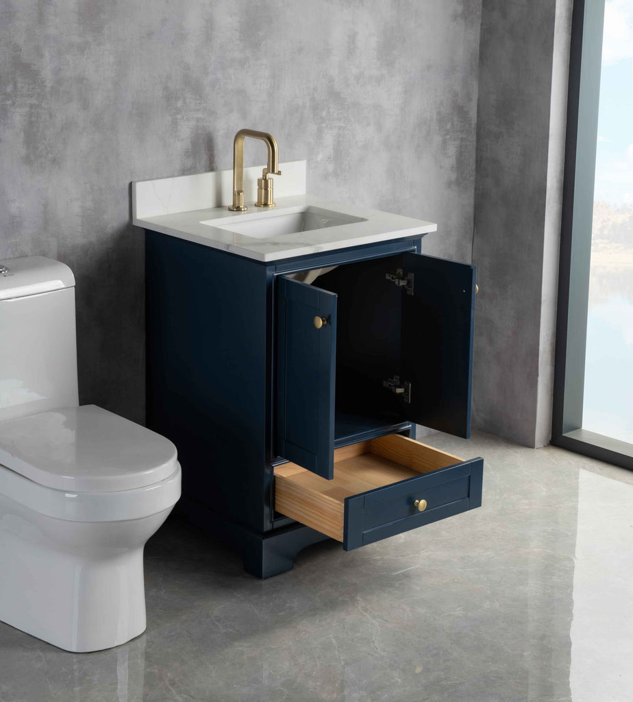 Rubeza 600mm Charleston Vanity Unit with Calacatta Quartz Top - Dark Blue & Gold