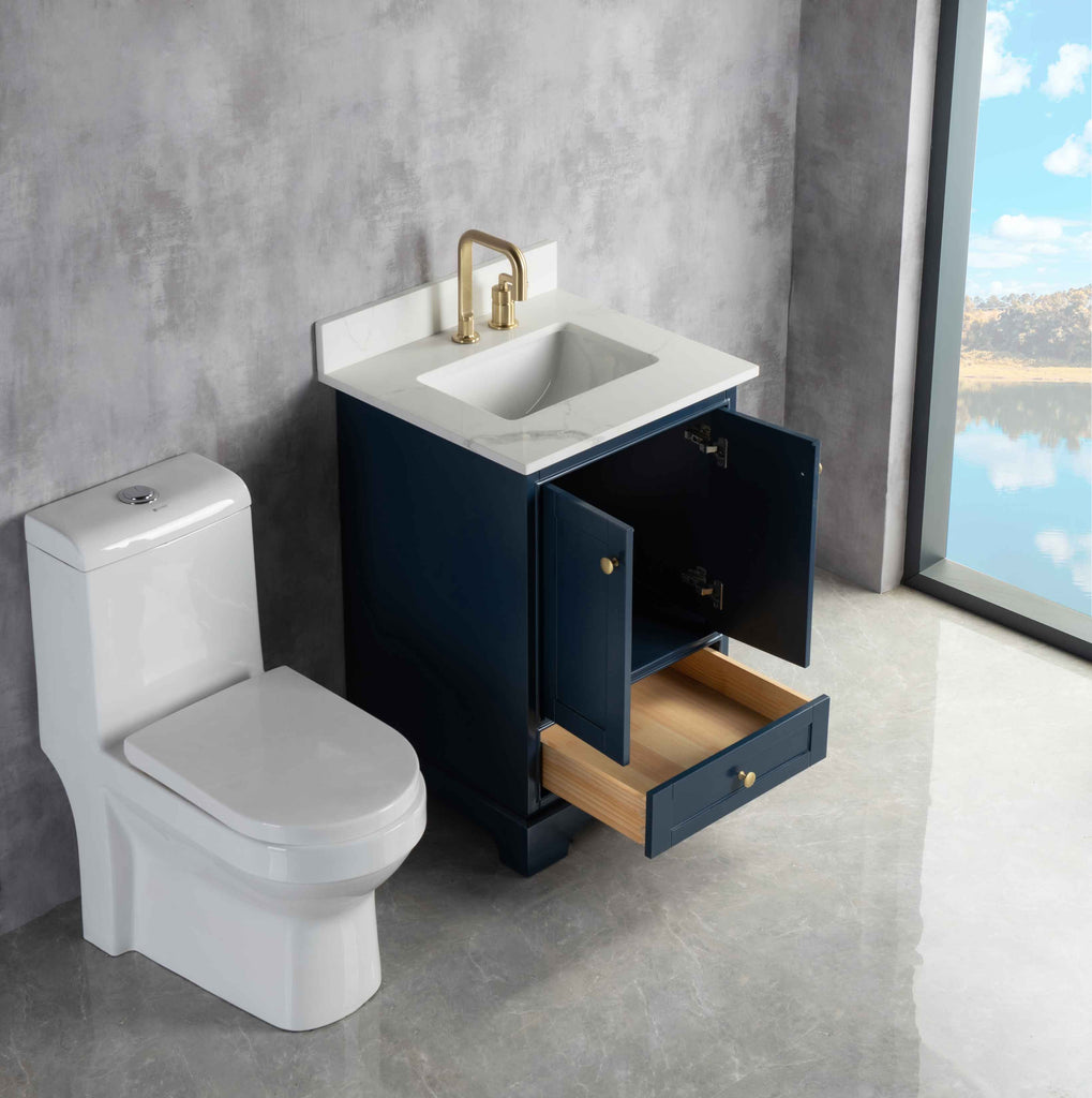 Rubeza 600mm Charleston Vanity Unit with Calacatta Quartz Top - Dark Blue & Gold