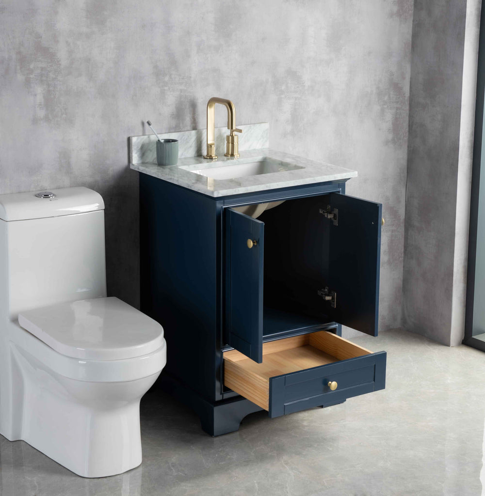 Rubeza 600mm Charleston Vanity Unit with Carrara Marble Top - Dark Blue & Gold