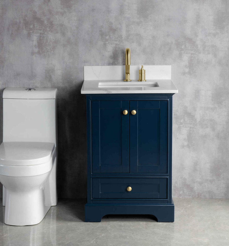 Rubeza 600mm Charleston Vanity Unit with Calacatta Quartz Top - Dark Blue & Gold