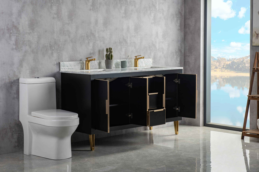 Rubeza 1500mm Dukes Vanity Unit with Carrara Marble Top - Black & Gold