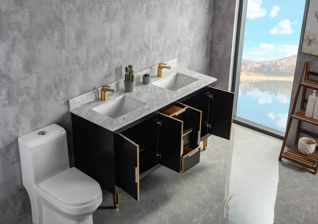 Rubeza 1500mm Dukes Vanity Unit with Carrara Marble Top - Black & Gold