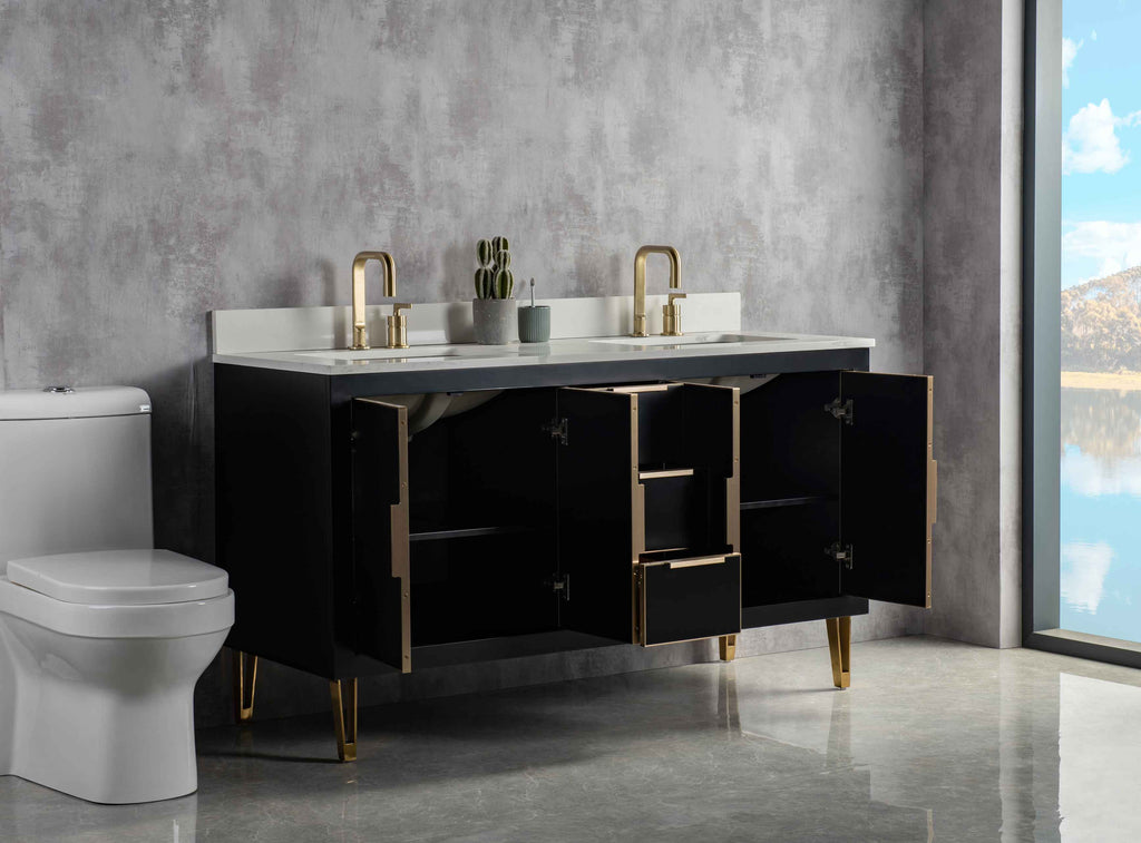 Rubeza 1500mm Dukes Vanity Unit with Calacatta Quartz Top - Black & Gold