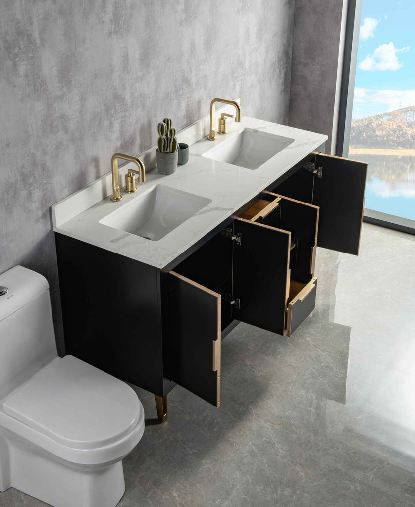 Rubeza 1500mm Dukes Vanity Unit with Calacatta Quartz Top - Black & Gold