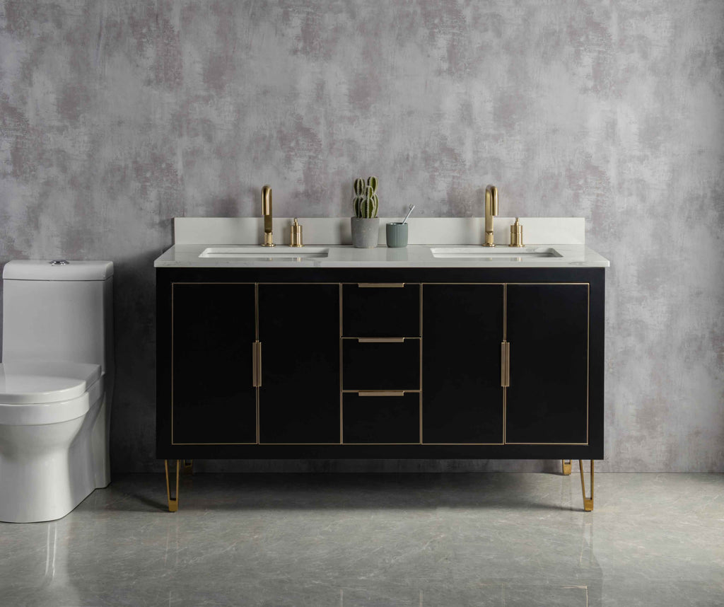 Rubeza 1500mm Dukes Vanity Unit with Calacatta Quartz Top - Black & Gold