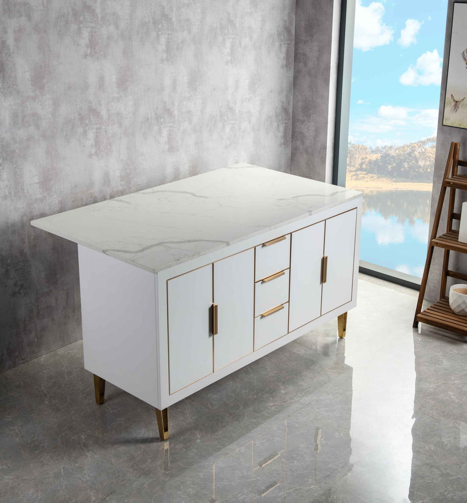 Rubeza 1500mm Dukes Kitchen Island with Calacatta Quartz Top - White & Gold