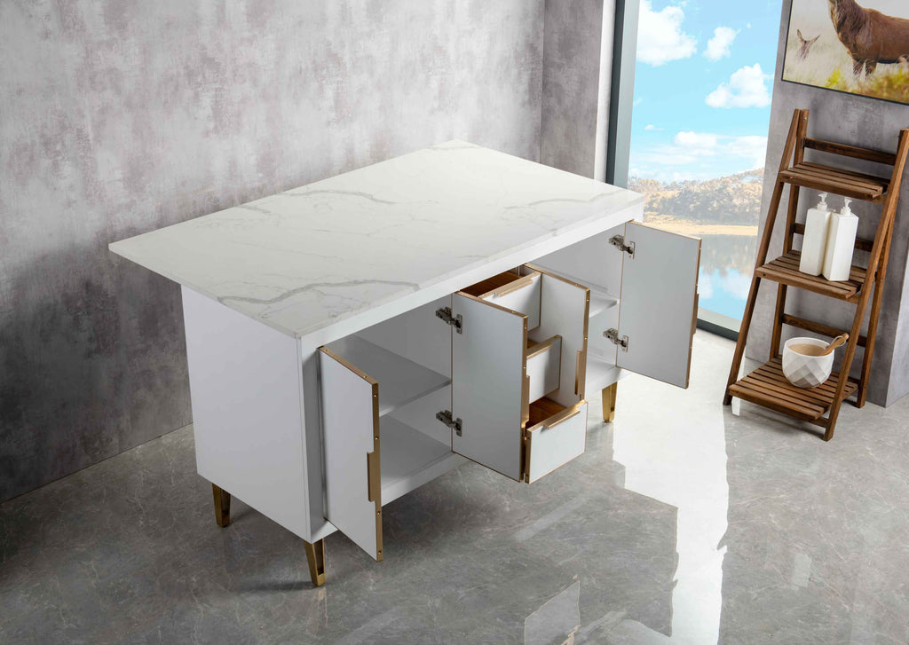 Rubeza 1500mm Dukes Kitchen Island with Calacatta Quartz Top - White & Gold